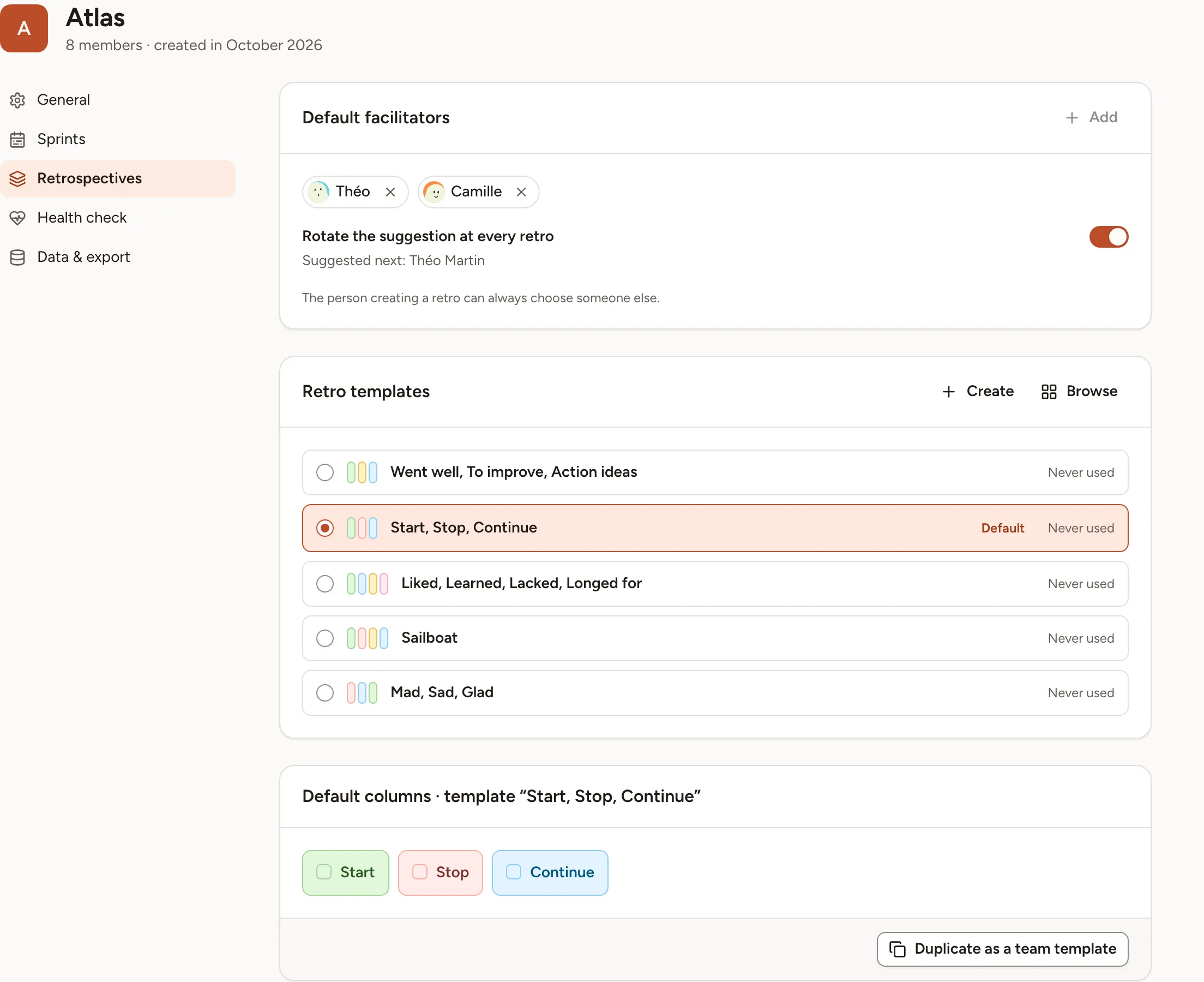 The Retrospectives settings of the Atlas team: the default facilitators, the retro templates and the default columns