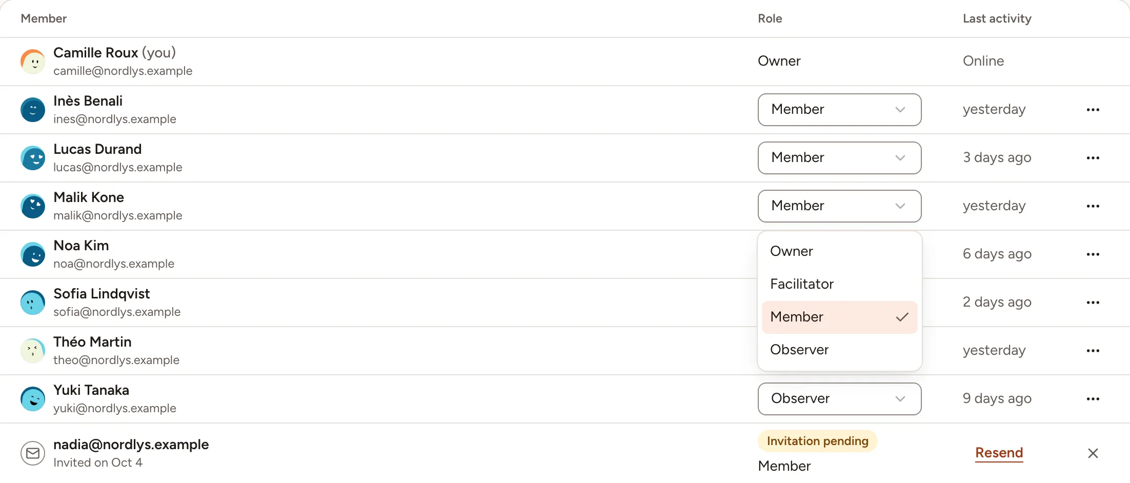 The list of roles open on Malik Kone, with Member selected