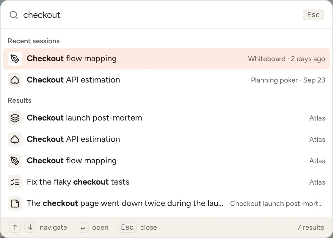 The command palette for the word checkout, with two recent sessions and five results: a retrospective, a planning poker game, a whiteboard, an action item and a card