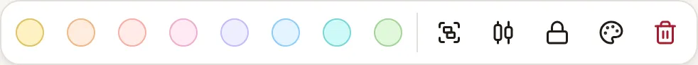The bar of a selection of three notes: the eight colours, Group, Align, Lock, Styles and Delete