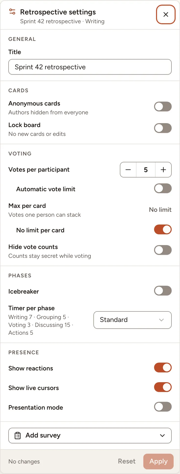 The Retrospective settings panel, with its General, Cards, Voting, Phases and Presence groups and the Add survey button
