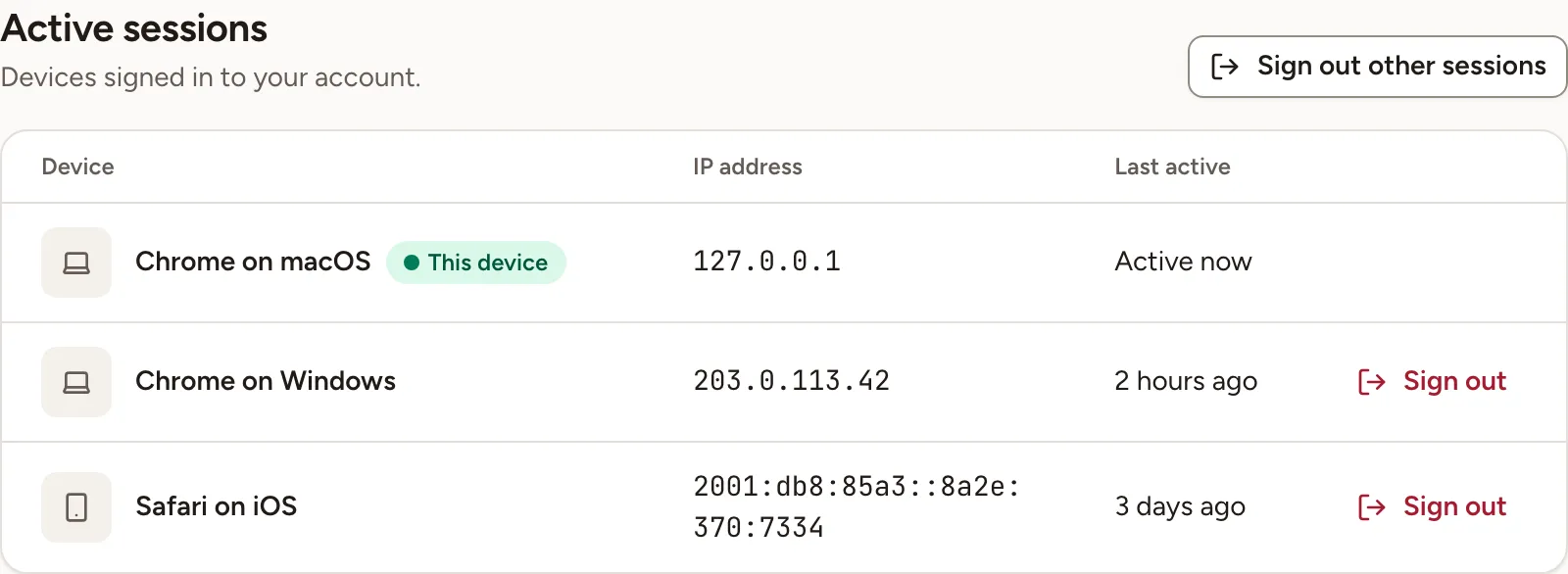 The Active sessions card listing three devices, the current one marked This device