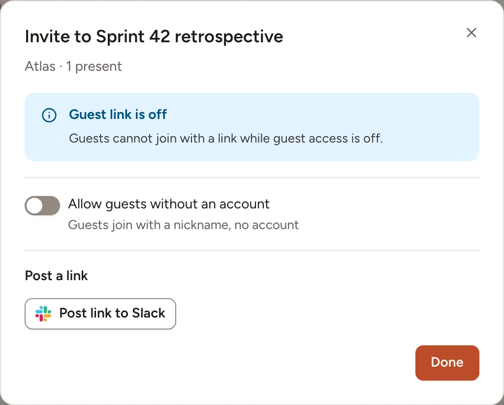 The Invite dialog of a retro with guest access off: the switch that allows guests, and the button that posts the link to Slack