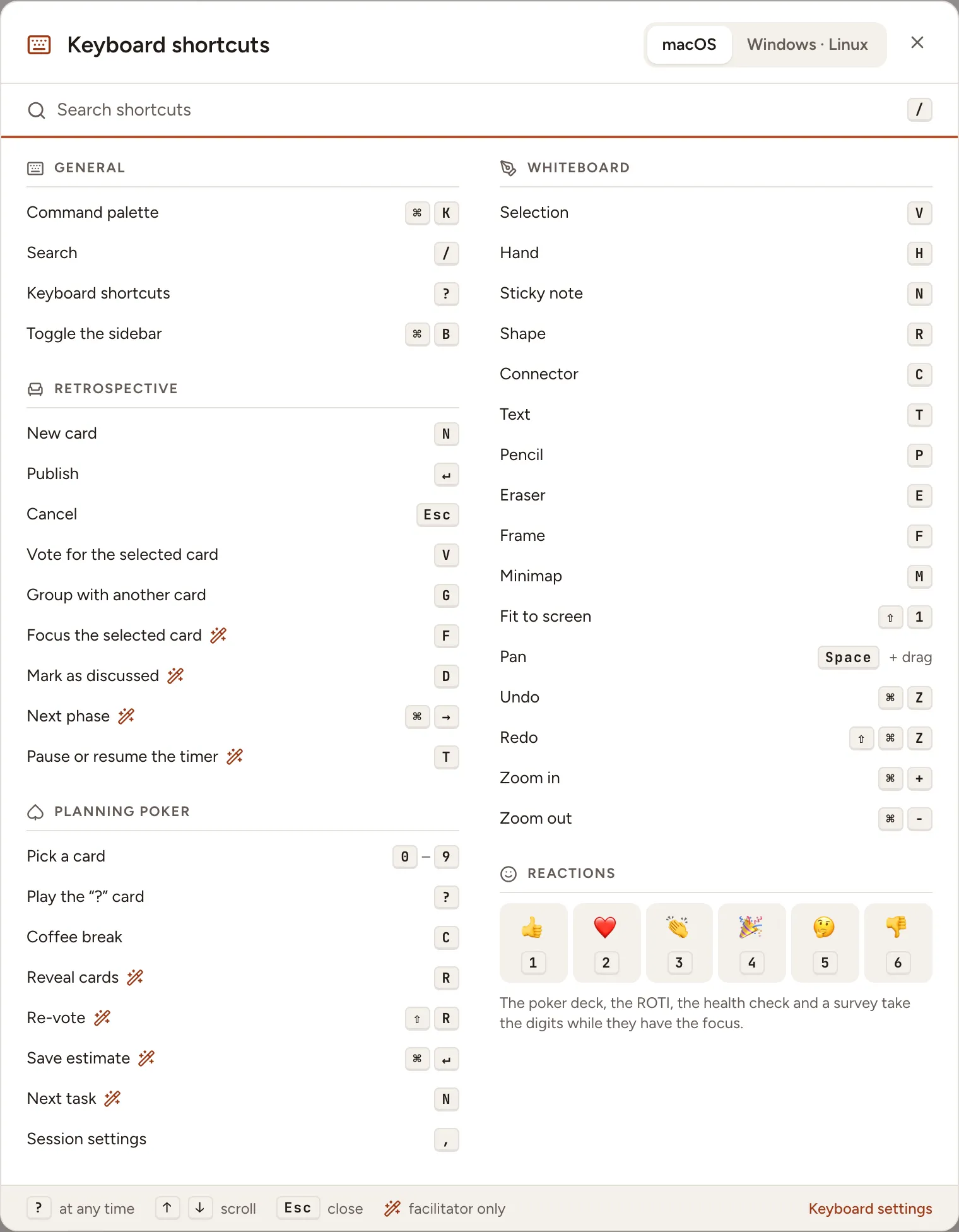 The Keyboard shortcuts dialog with its five groups: General, Retrospective, Planning poker, Whiteboard and Reactions