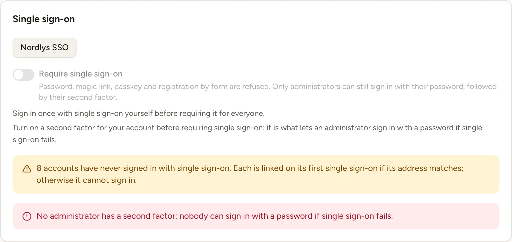 The Single sign-on card with one provider, the switch still locked, and the two things to do before it can be turned on