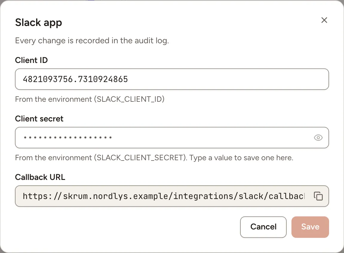The Slack app dialog: the client ID and the client secret, both read from the environment, and the callback URL to copy