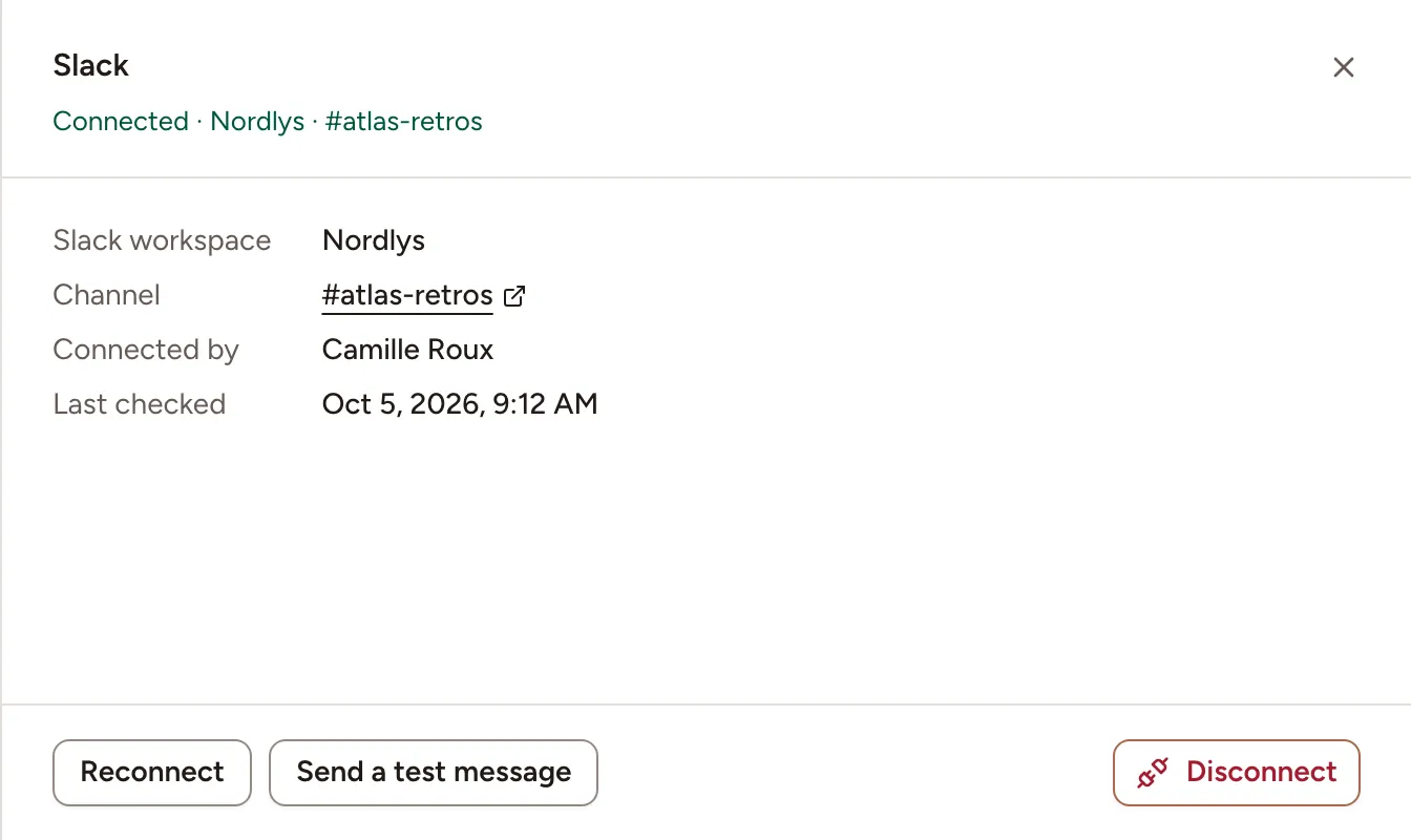 The Slack panel of a connected team: the workspace, the channel, who connected it and when it was last checked, with the buttons Reconnect, Send a test message and Disconnect