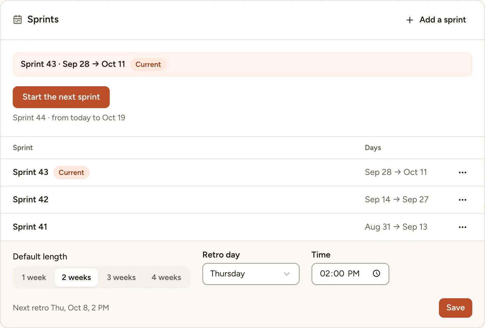 The Sprints section of Atlas: sprint 43 is current, the next start would create sprint 44, and the retro day is Thursday at 2 PM