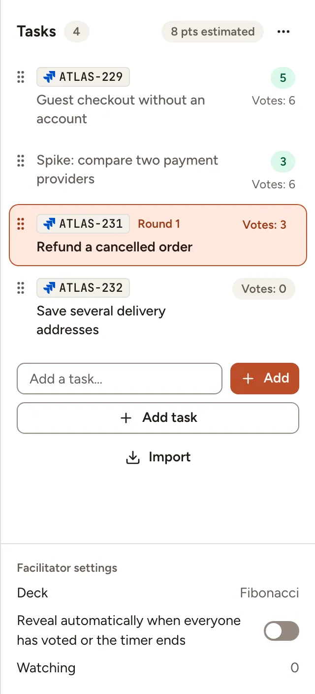 The task queue of a game: two estimated tasks, the task being voted, a task to come, and the buttons to add and import