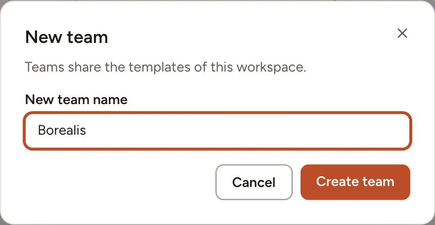 The New team dialog, with the name Borealis typed in