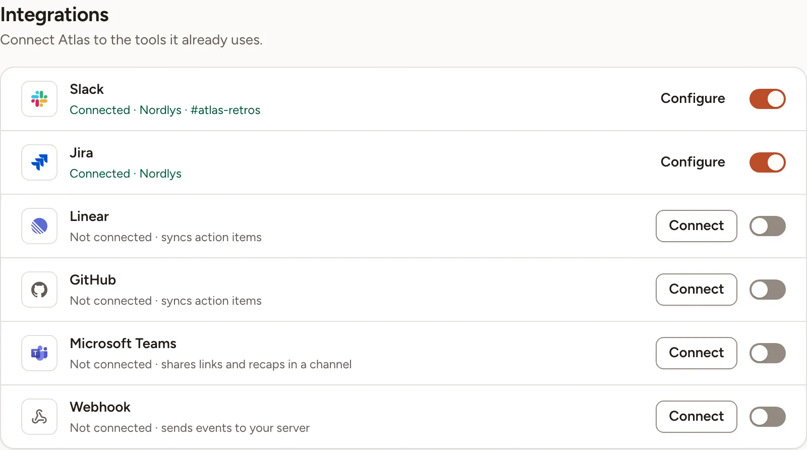 The Integrations page of the Atlas team: Slack and Jira connected, Linear, GitHub, Microsoft Teams and Webhook not connected