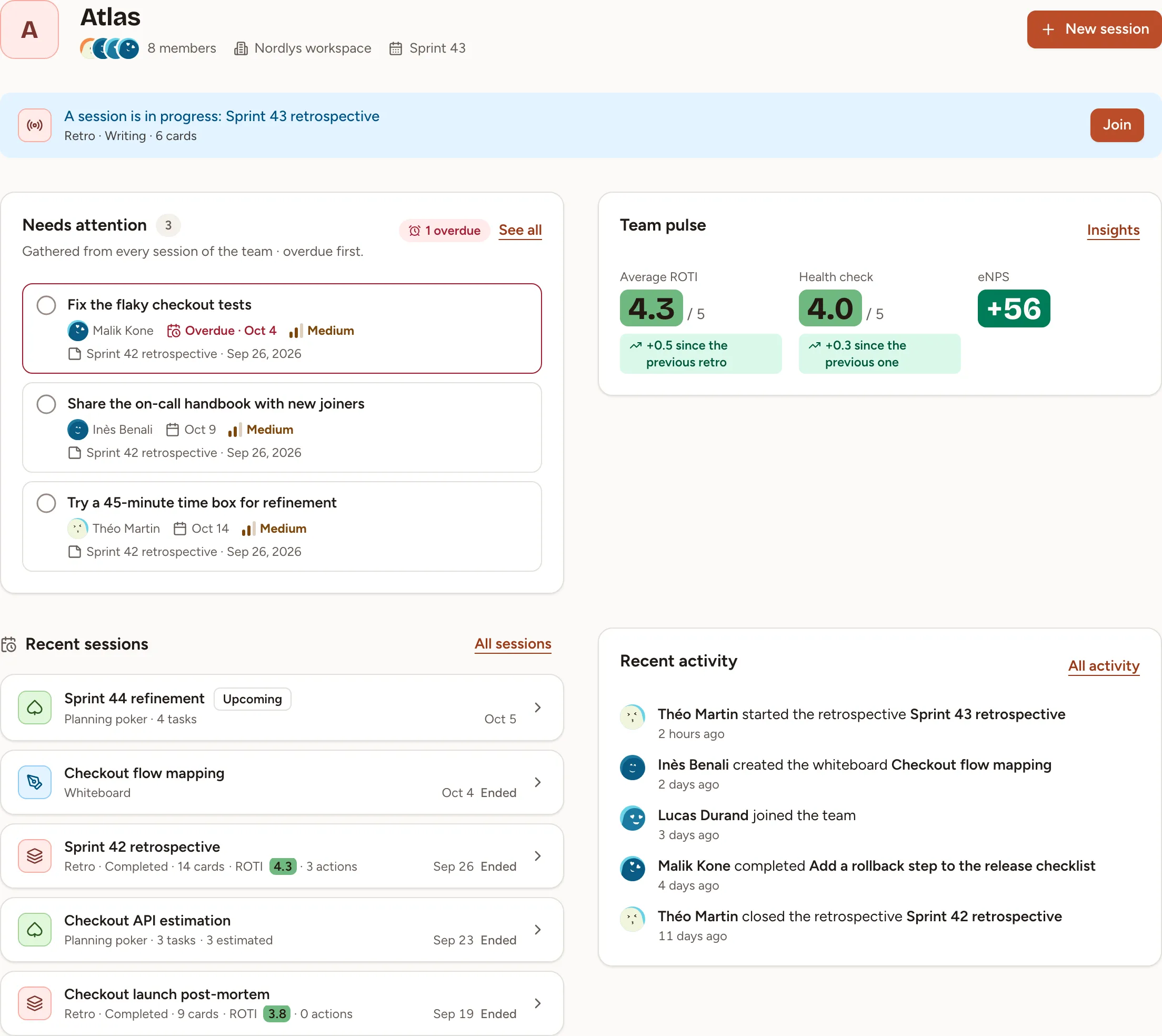 The page of the Atlas team: a retrospective in progress, three open action items, the team pulse, the recent sessions and the recent activity