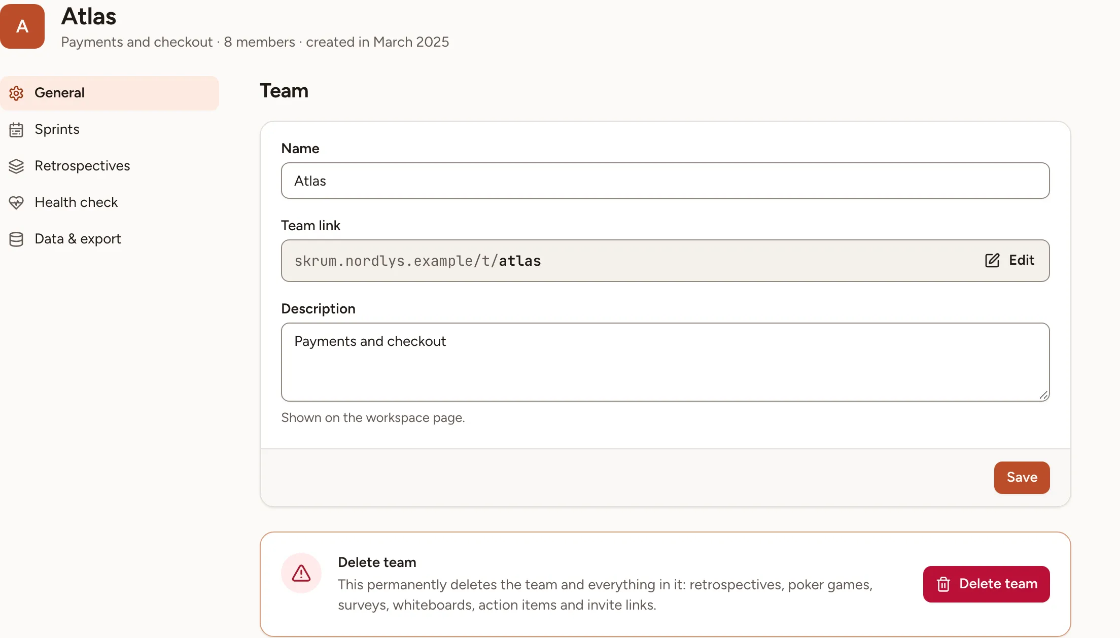 The General section of the Atlas team’s settings: its name, its link and its description, then the card that deletes the team