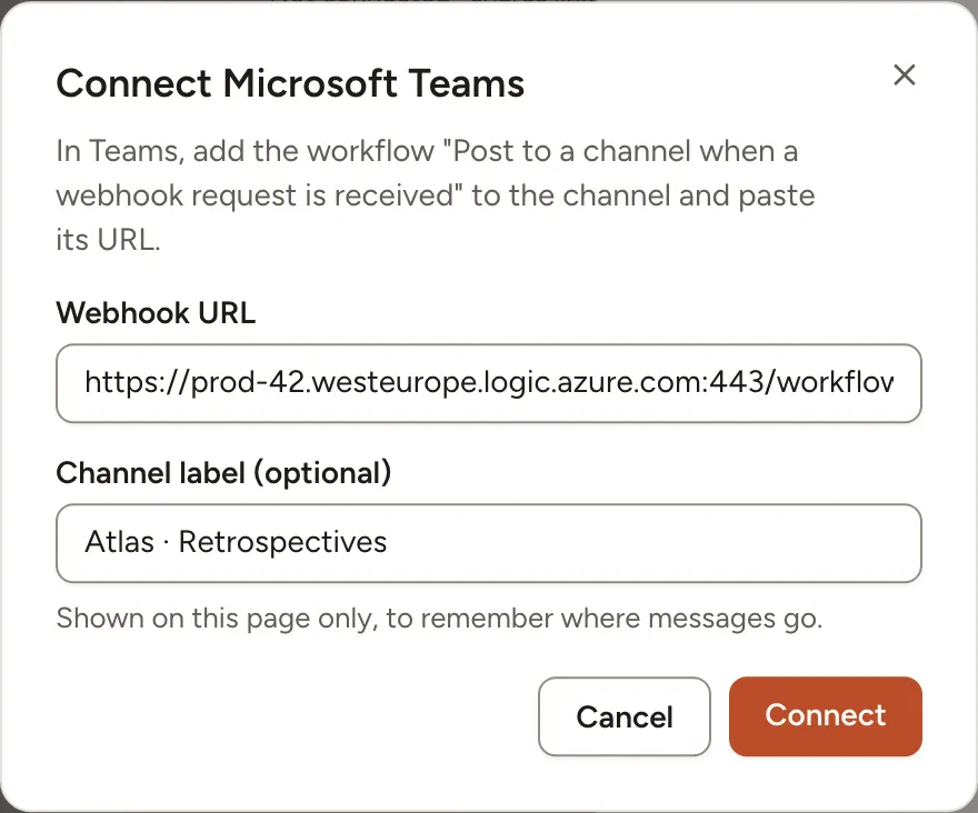 The Connect Microsoft Teams dialog with the workflow’s address and a channel label