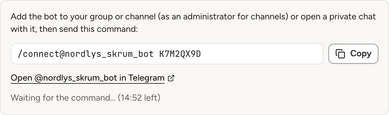 The pending connection in the Telegram panel: the instruction, the connect command with its code, the link to the bot and the time left