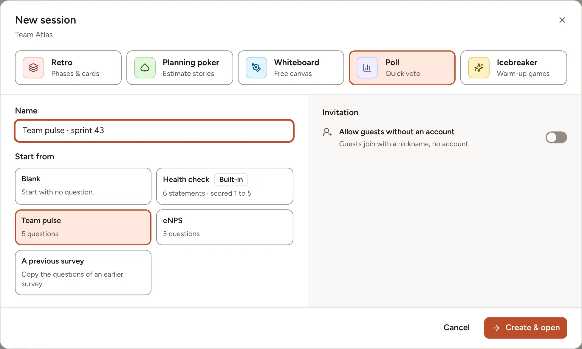 The New session dialog on the Poll type, with the name of the survey, the five choices of Start from and the switch that allows guests