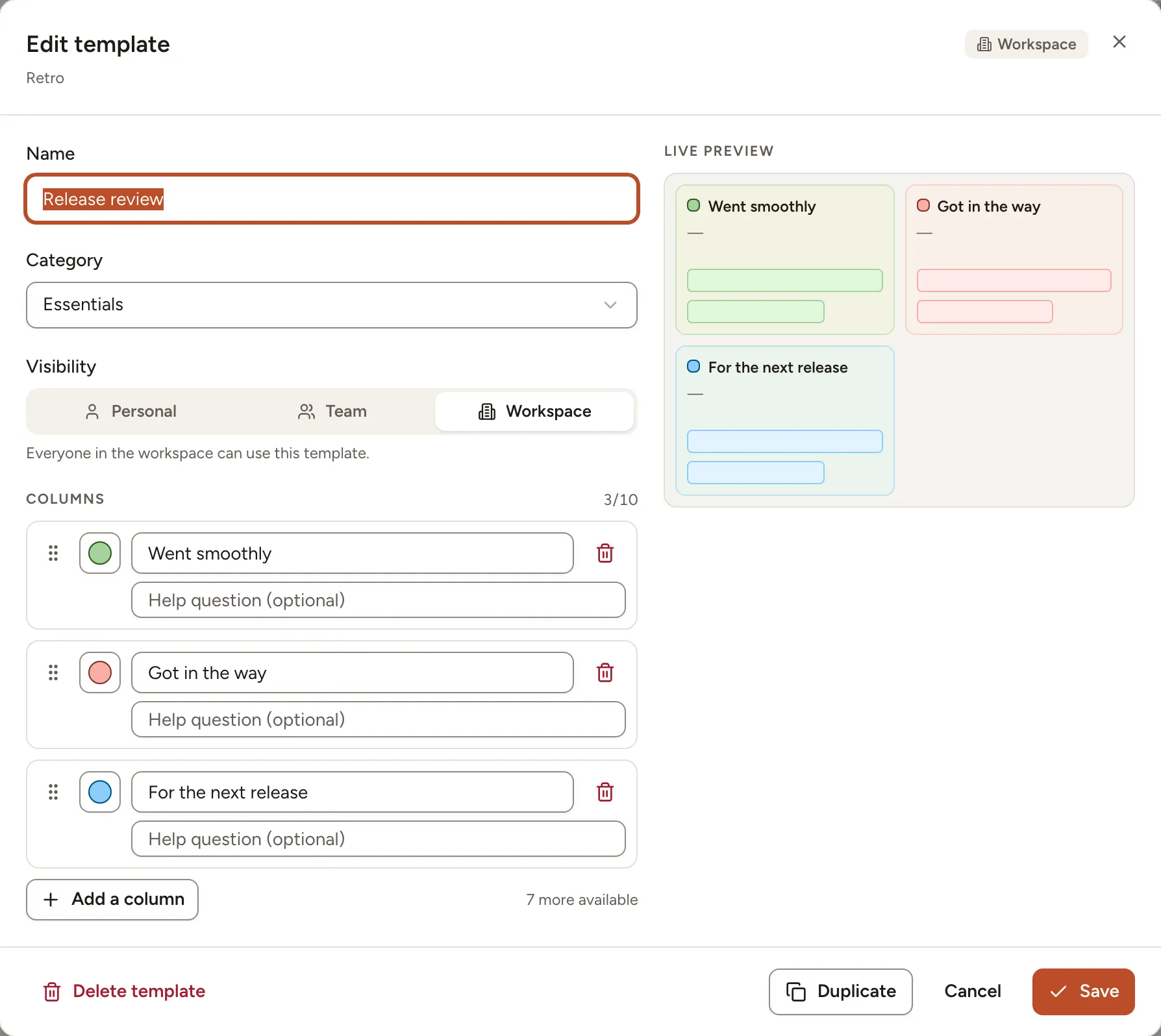 The template editor, with the name, the category, the visibility, three columns and the live preview