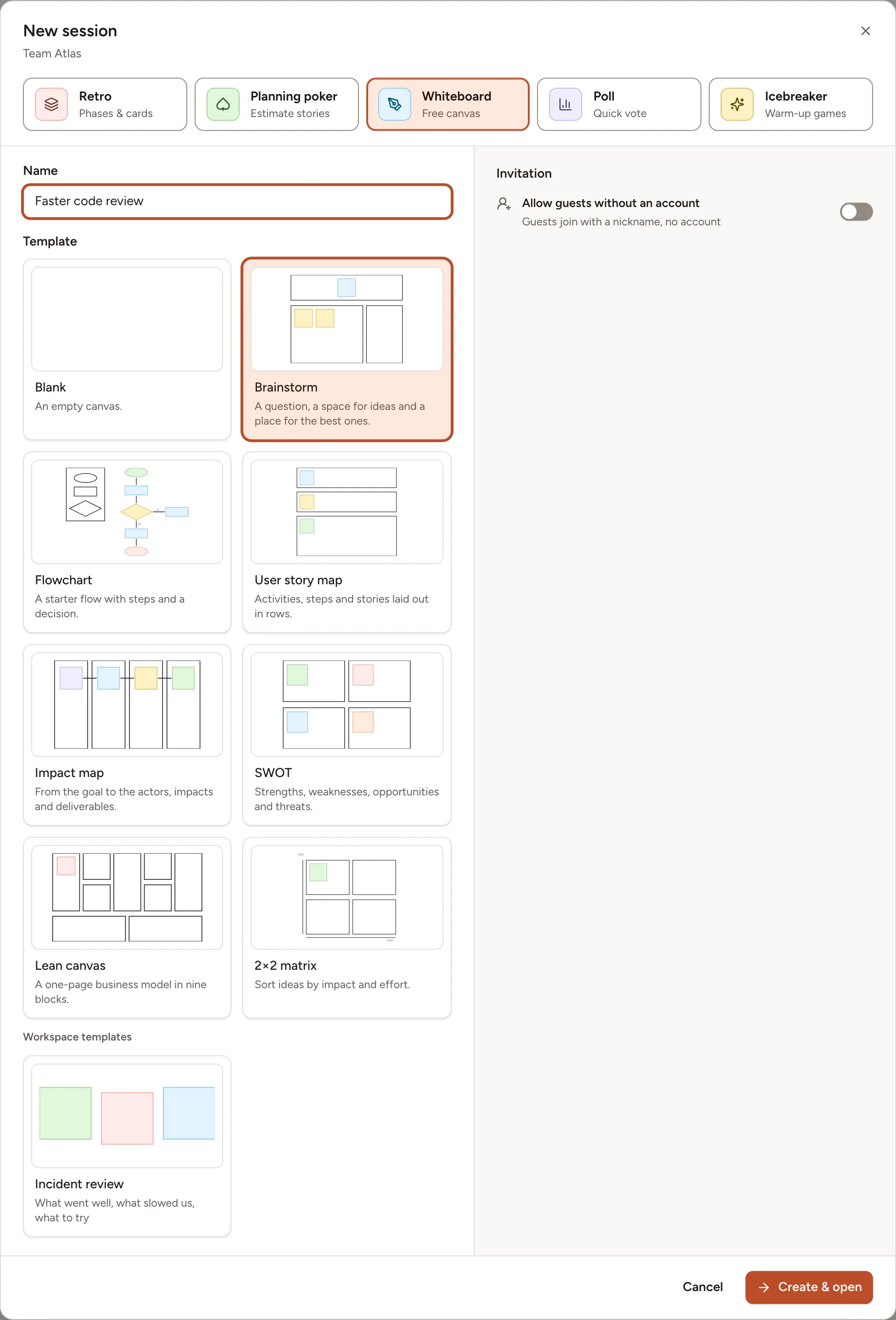 The New session dialog on Whiteboard, with the eight built-in templates, Brainstorm selected, and one template of the workspace
