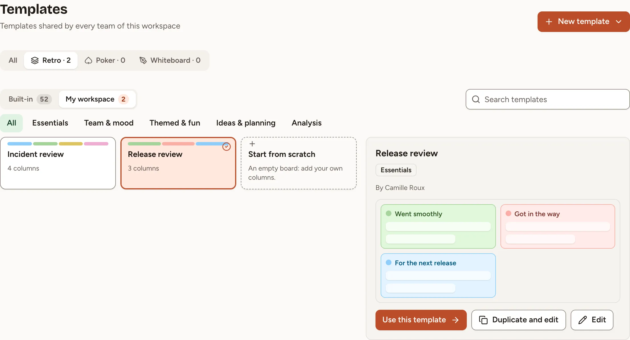 The Templates page on the Retro tab, with two workspace templates and the preview of one of them