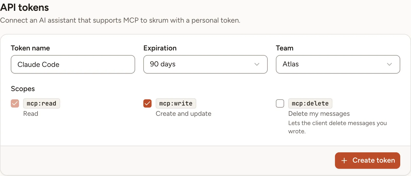 The API tokens form with a token named Claude Code, an expiration of 90 days, the Atlas team, and the scopes Read and Create and update ticked