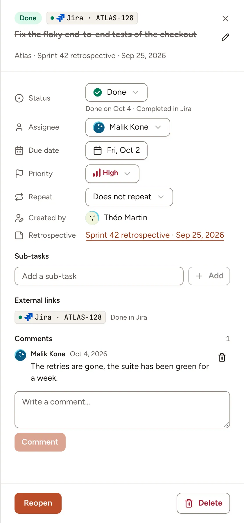 The details of an item completed from its Jira issue: the status says where it was completed, and the link shows the status read in Jira