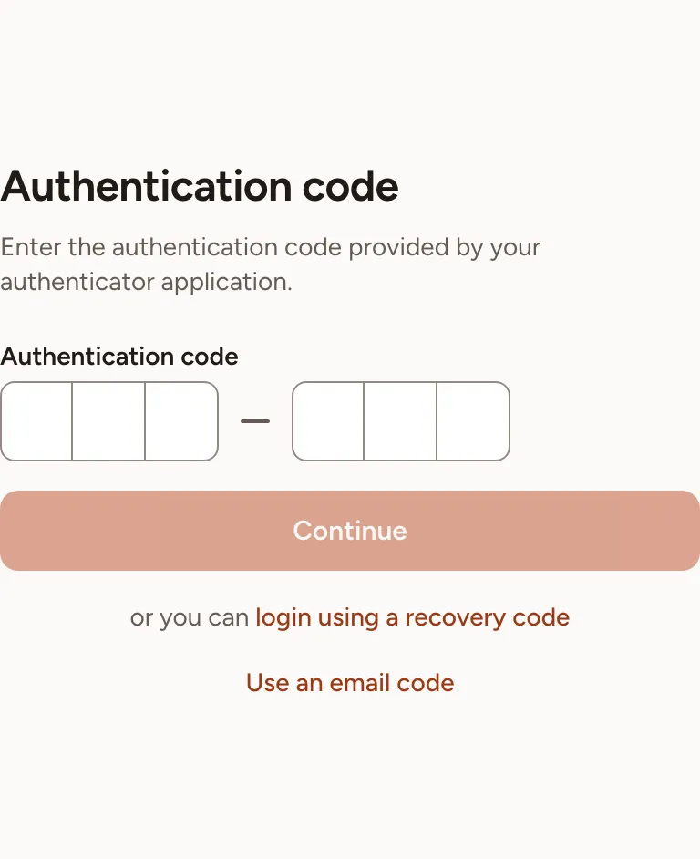 The Authentication code page asked at sign-in, with links to use a recovery code or an email code
