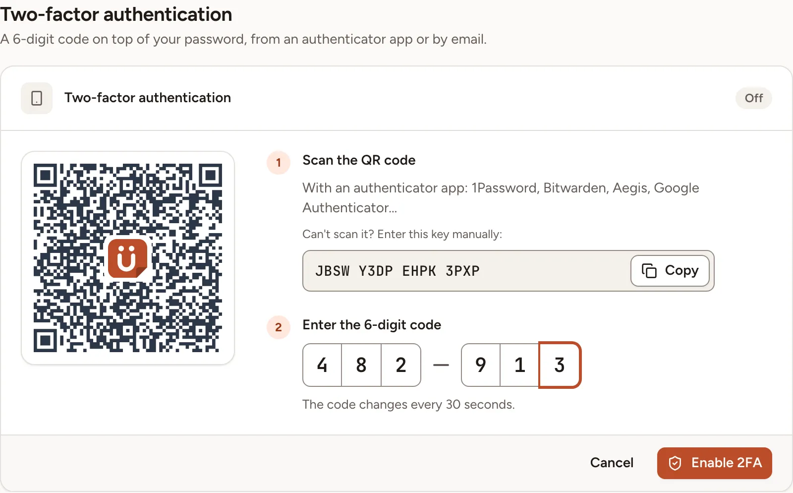 The Two-factor authentication card with the QR code, the setup key and the six-digit code field