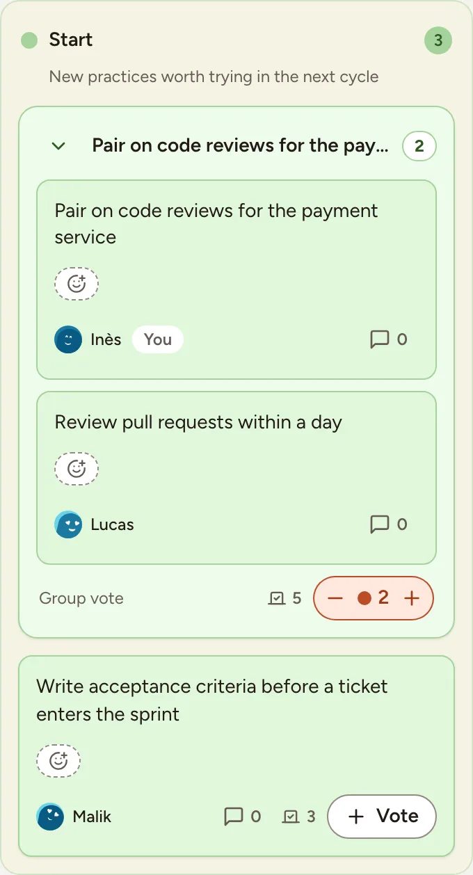 A column in the Voting phase: a group with two of your votes and five in total, and a card with three votes