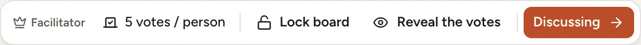 The facilitator’s bar in the Voting phase: 5 votes per person, Lock board, Reveal the votes and the button to the Discussing phase