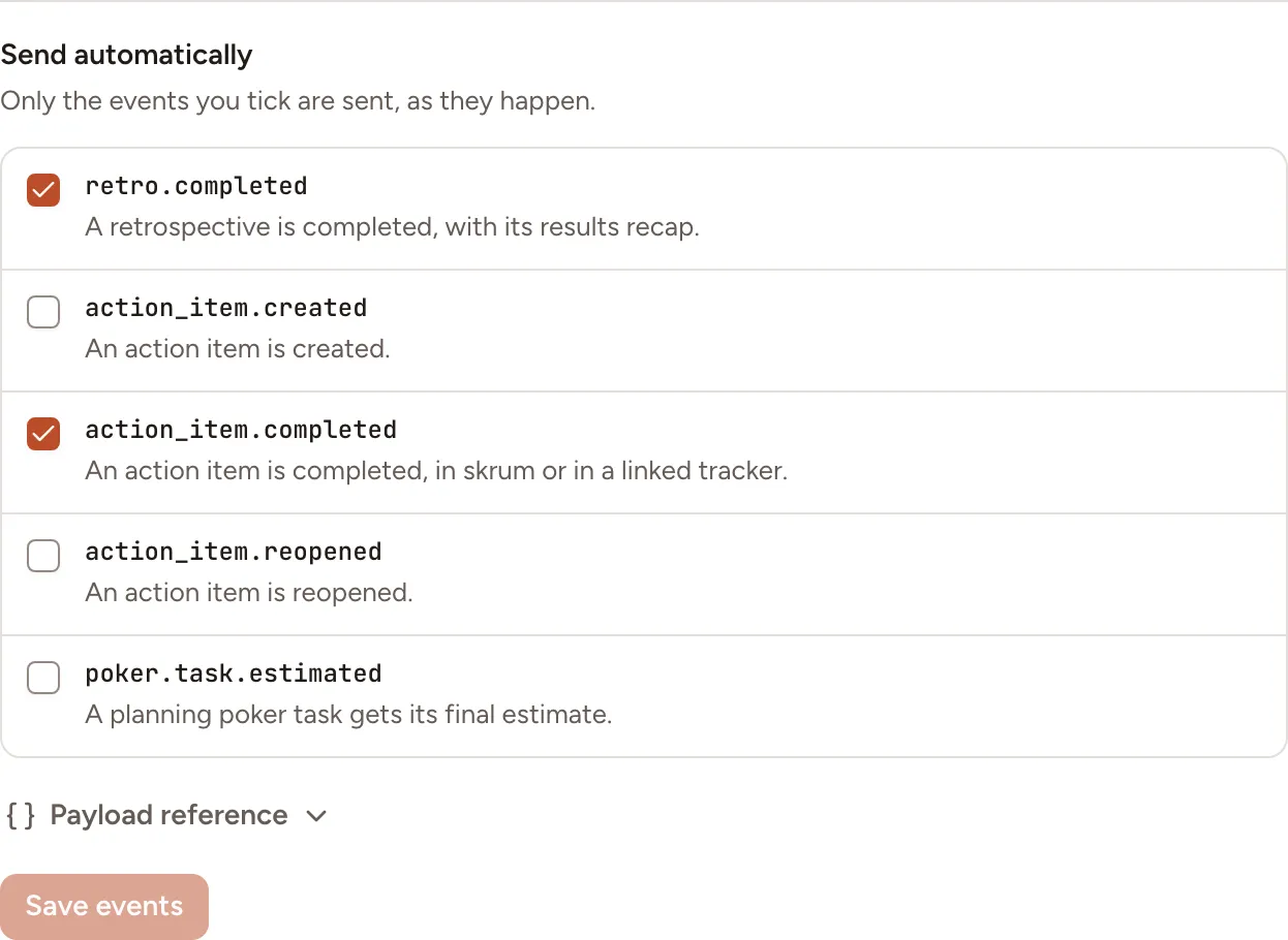 The Send automatically list of a webhook, with retro.completed and action_item.completed ticked among the five events